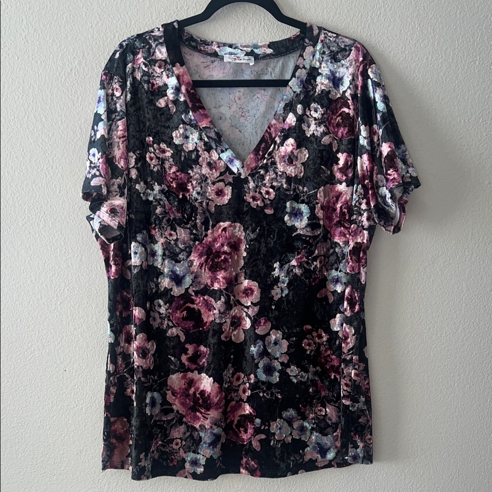 Floral Velvet V-Neck Short Sleeve Top - Pink and Black